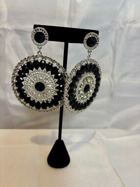 Black and Silver Crystal Circle Drop Earrings - Women Jewelry
